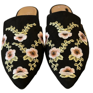 Franco Sarto Floral Embroidered Black Mules